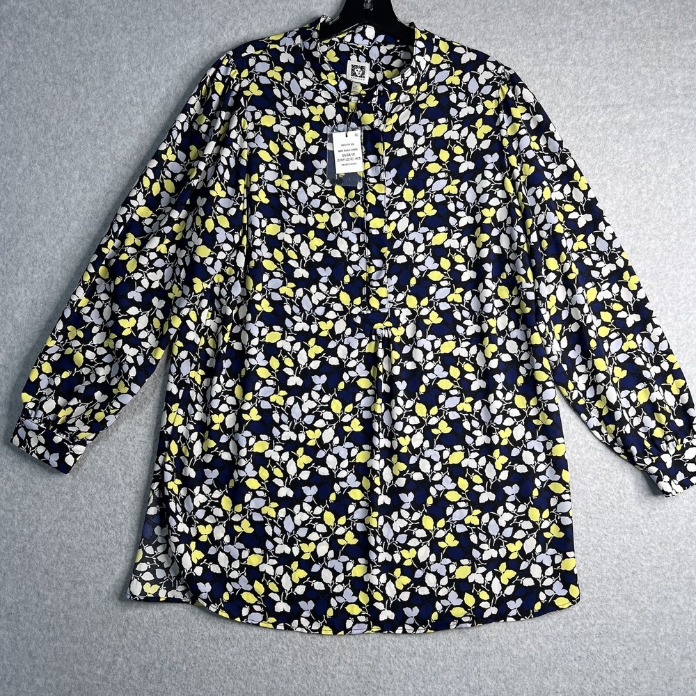 Anne Klein Top Women's 1X Band Collar Long Sleeve 1/2 Button Up Blouse Leaves